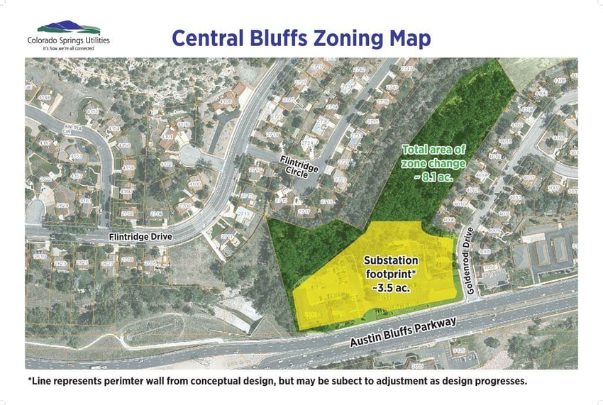 An aerial view of the substation footprint at Central Bluffs. The picture shows the substation footprint in yellow, and total area in green.